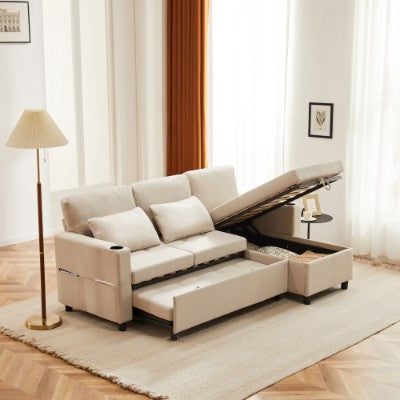 WCW Sofa Bed, Corner Sofa, 3 Seater Pull Out Bed With Storage, Beige