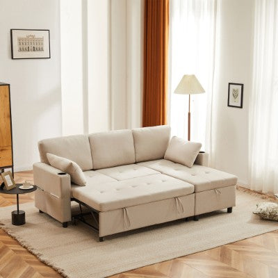 WCW Sofa Bed, Corner Sofa, 3 Seater Pull Out Bed With Storage, Beige